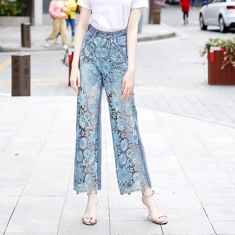 High-Waist Fashion Flare Wide-Leg Pants women's Hollow Panel Lace Stitching Denim Pants Loose Straight-Leg Jeans Trousers