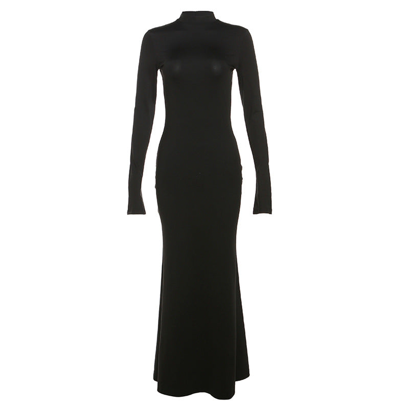 High Collar Neck Long Sleeve Sexy Backless Slim Fit Long Dress in Black or Red