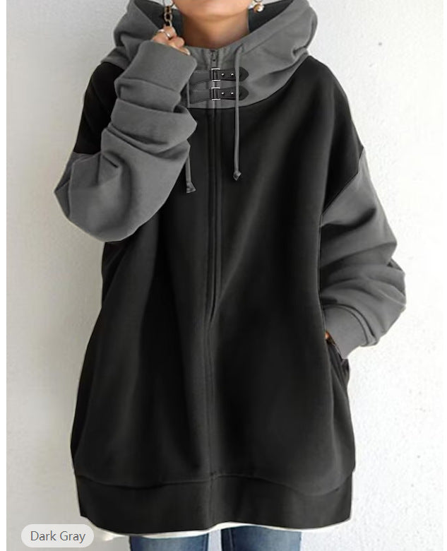 Patchwork Color Loose Fitting Hooded Long-sleeve Zipper Sweater Black and Brown Color Choice