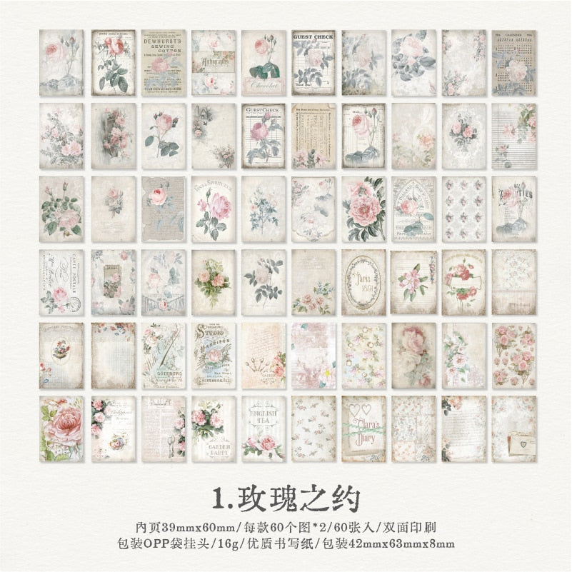 60 sheets Double-side Printed Vintage Material Paper Creative Flower Natural Plants Decorative Scrapbooking Journaling