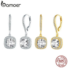 Load image into Gallery viewer, BAMOER Genuine 925 Sterling Silver and 14K Gold Plated Dazzling CZ Square Geometric Drop Earrings
