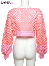 Load image into Gallery viewer, Weird Puss Soft Sexy Sweet Knit Sweater Pink Ombre Hollow Out  Bishop Sleeves See Through Long Sleeve O-Neck Gradient Wild Comfort Fit Crop Tops
