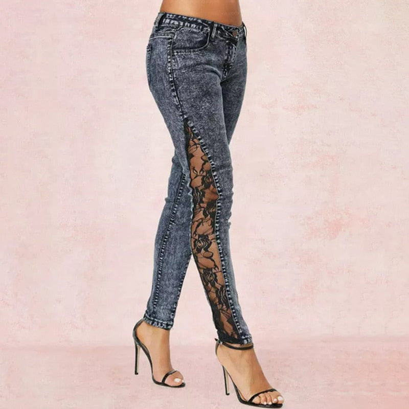 High Waist Women's Jeans 2023 Spring Lace Stitching New Fashion Retro Grey Jeans Sexy Skinny Pants Pencil Pants Strech Jeans for