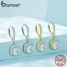 Load image into Gallery viewer, BAMOER Genuine 925 Sterling Silver and 14K Gold Plated Dazzling CZ Square Geometric Drop Earrings
