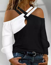 Load image into Gallery viewer, Black White Crisscross Open Shoulder Long Sleeve Fashion Woman Blouses
