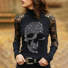 Load image into Gallery viewer, Hot Drill Print Bedazzled Black Solid Lace Sleeves Sexy Women Y2k Gothic Long Sleeve Tops Zodiac Signs Skulls
