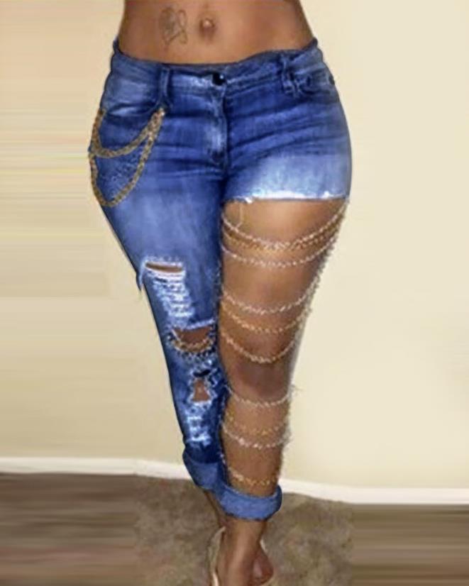 Women's Jeans Chic Ripped-Up Skinny Jeans with Delicate Chains Embelished Cutout Ripped Denim Skinny Pants Female Clothing Y2K Outfits