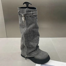 Load image into Gallery viewer, Autumn Chelsea Denim Boots Women&#39;s Flat Knee High Boots Zipper Casual  Zipper Snow Boots
