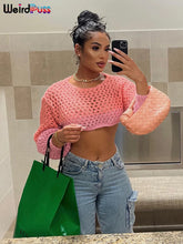 Load image into Gallery viewer, Weird Puss Soft Sexy Sweet Knit Sweater Pink Ombre Hollow Out  Bishop Sleeves See Through Long Sleeve O-Neck Gradient Wild Comfort Fit Crop Tops
