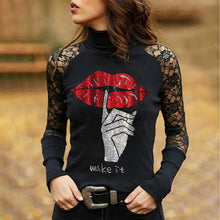 Load image into Gallery viewer, Hot Drill Print Bedazzled Black Solid Lace Sleeves Sexy Women Y2k Gothic Long Sleeve Tops Zodiac Signs Skulls
