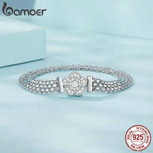 Load image into Gallery viewer, Bamoer 925 Sterling Silver Zirconia Set Rose Bracelet Hollow-out Wide Band Chain Charm Bracelet
