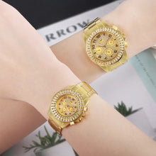 Load image into Gallery viewer, 4Pcs Couples Watch Set CZ Diamond Golden Wristwatch and Bracelet or Necklaces with Gift Box Choice of 2 Different Watch Sets
