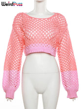 Load image into Gallery viewer, Weird Puss Soft Sexy Sweet Knit Sweater Pink Ombre Hollow Out  Bishop Sleeves See Through Long Sleeve O-Neck Gradient Wild Comfort Fit Crop Tops
