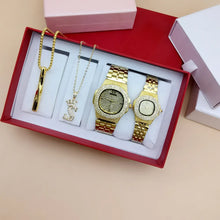 Load image into Gallery viewer, 4Pcs Couples Watch Set CZ Diamond Golden Wristwatch and Bracelet or Necklaces with Gift Box Choice of 2 Different Watch Sets
