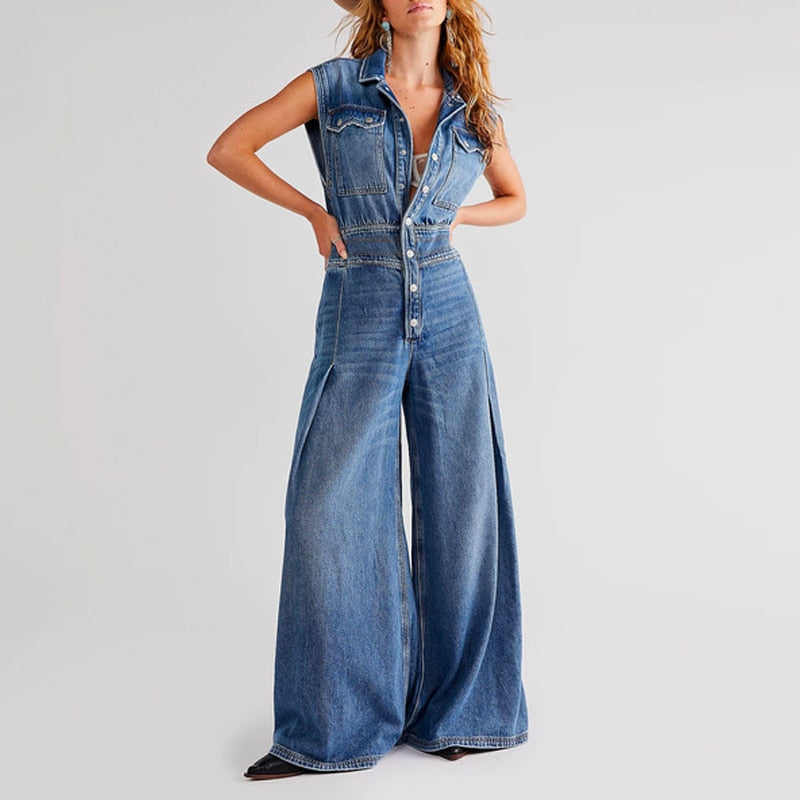 Blue V Neck Denim Jumpsuit Women Summer Loose Sleeveless Casual Retro Fashion Streetwear Wide Leg Pants Y2K Ladies Jeans