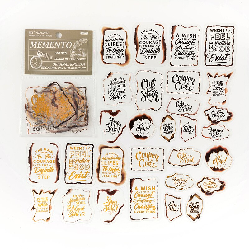 30pcs/pack Gold Trim Stickers Time Letters Decorative Stickers wth Transparent Back INS Stamping Scrapbooking Material Label Diary Mobile DIY Junk Journaling Stickers