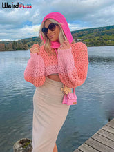 Load image into Gallery viewer, Weird Puss Soft Sexy Sweet Knit Sweater Pink Ombre Hollow Out  Bishop Sleeves See Through Long Sleeve O-Neck Gradient Wild Comfort Fit Crop Tops
