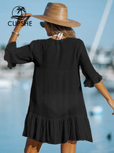 Load image into Gallery viewer, Summer Dress Black or Khaki Ruffled Long Sleeve V Neck Shirt Dress Bikini Cover Up Beach Dress
