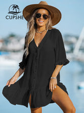 Load image into Gallery viewer, Summer Dress Black or Khaki Ruffled Long Sleeve V Neck Shirt Dress Bikini Cover Up Beach Dress
