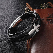 Load image into Gallery viewer, Leather Boho Cross 8.3&quot; Bracelet
