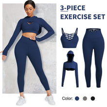 Load image into Gallery viewer, Hooded Crossover Design Three Piece Yoga Suit
