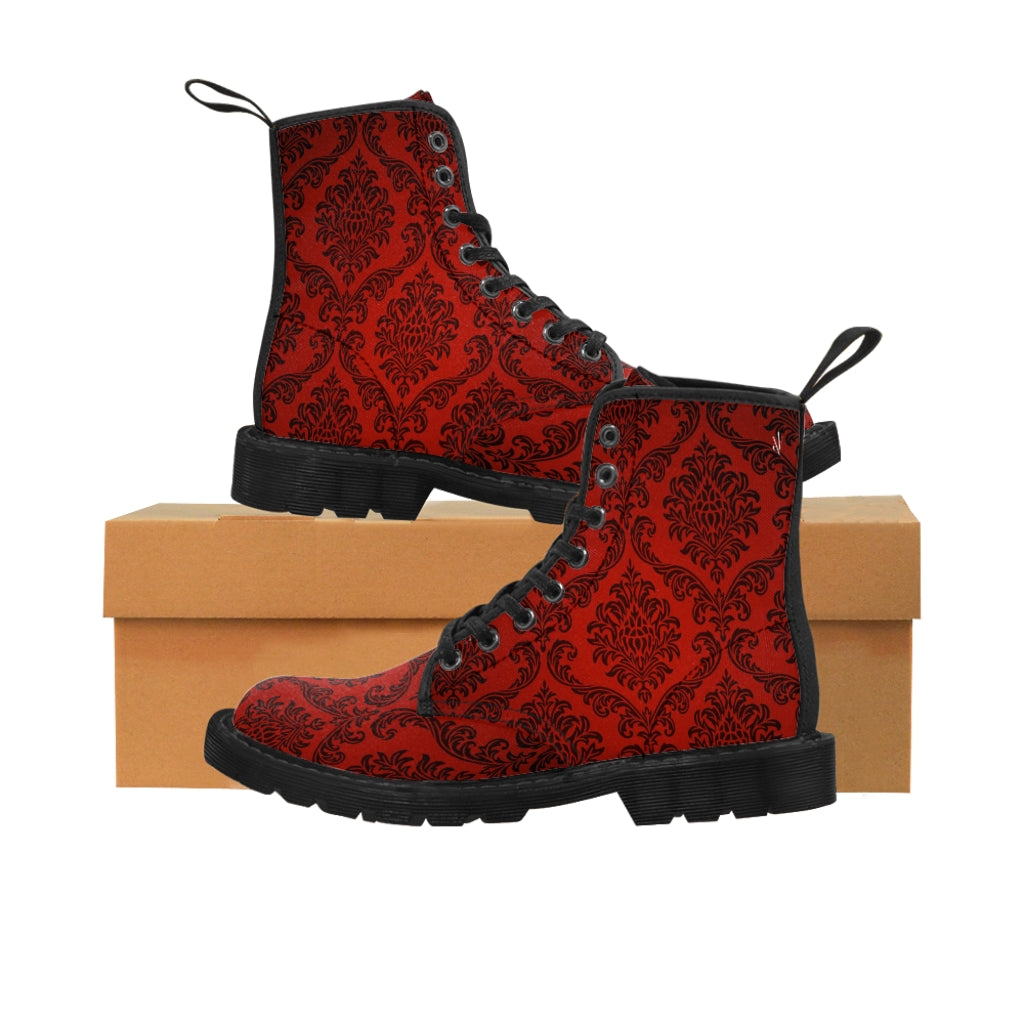 Women's Dark Red Damask Canvas Boots, Sizes 6.5-11, Combat Boots, Boho Chic Style Boots, Unique Fall Boots, Cool Ankle Boots