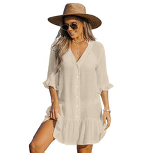 Load image into Gallery viewer, Summer Dress Black or Khaki Ruffled Long Sleeve V Neck Shirt Dress Bikini Cover Up Beach Dress
