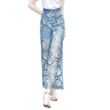 Load image into Gallery viewer, High-Waist Fashion Flare Wide-Leg Pants women&#39;s Hollow Panel Lace Stitching Denim Pants Loose Straight-Leg Jeans Trousers
