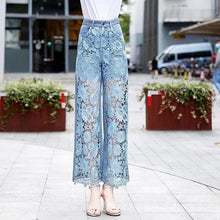 Load image into Gallery viewer, High-Waist Fashion Flare Wide-Leg Pants women&#39;s Hollow Panel Lace Stitching Denim Pants Loose Straight-Leg Jeans Trousers
