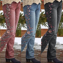 Load image into Gallery viewer, Ladies Vintage Floral Embroidery Jeans Pink Blue Grey Denim Straight Mid Waist Stretch Jeans
