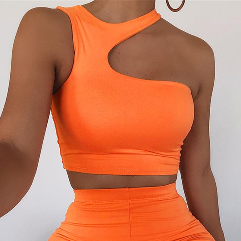 Cut Out Sexy Crop Top Off Shoulder Short Tops Women Irregular Summer Tops Orange Black Khaki Green S-XL