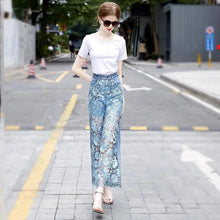 Load image into Gallery viewer, High-Waist Fashion Flare Wide-Leg Pants women&#39;s Hollow Panel Lace Stitching Denim Pants Loose Straight-Leg Jeans Trousers
