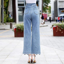 Load image into Gallery viewer, High-Waist Fashion Flare Wide-Leg Pants women&#39;s Hollow Panel Lace Stitching Denim Pants Loose Straight-Leg Jeans Trousers
