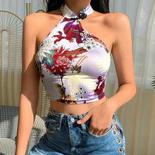 Load image into Gallery viewer, Women Halter Tank Top Dragon Print Irregular Cheongsam Style Sexy Summer Crop Top
