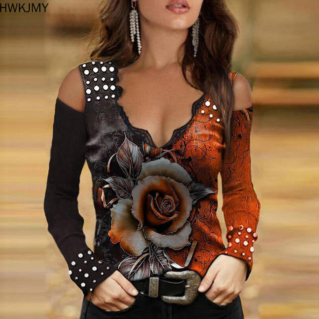 Luxury Rose Long Sleeve V Neck Shirt Rhinestone Shoulder Cut Outs 4 Color Choices XS-5XL