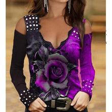 Load image into Gallery viewer, Luxury Rose Long Sleeve V Neck Shirt Rhinestone Shoulder Cut Outs 4 Color Choices XS-5XL
