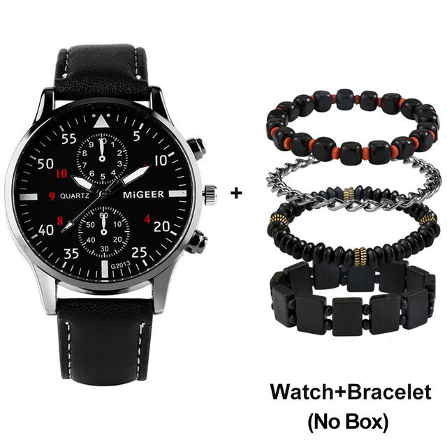 Luxury Quartz Watch and Bracelets Set Leather or Stainless Steel Wristbands Color Choices