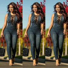 Load image into Gallery viewer, Laced Top Denim Skinny Jeans Sleeveless Jumpsuit S-3XL Dark and Light Blue Denim
