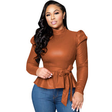 Load image into Gallery viewer, Vegan Leather Long Sleeve High Collar Ruffle Hem Shirt 5 Colors S-2XL
