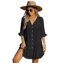 Load image into Gallery viewer, Summer Dress Black or Khaki Ruffled Long Sleeve V Neck Shirt Dress Bikini Cover Up Beach Dress
