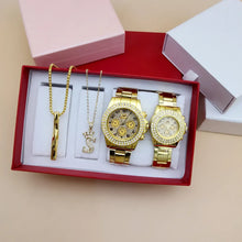 Load image into Gallery viewer, 4Pcs Couples Watch Set CZ Diamond Golden Wristwatch and Bracelet or Necklaces with Gift Box Choice of 2 Different Watch Sets
