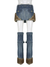 Load image into Gallery viewer, Y2K Style Distressed Denim Faux Fur Edged Mini Skirt With Matching Leg Warmer Long Socks Half Pants Outfit
