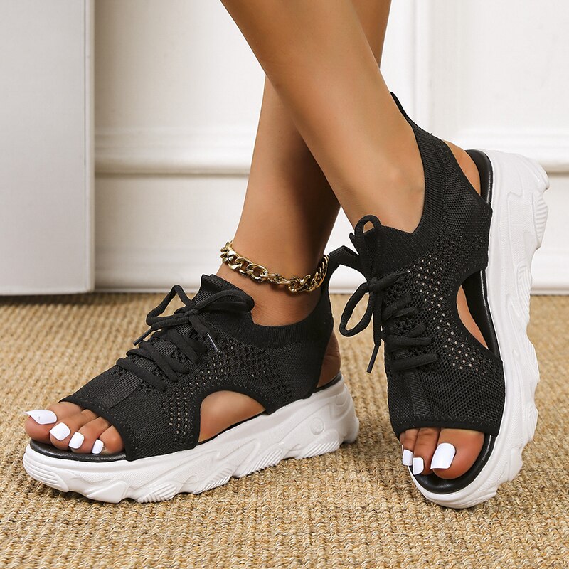 Summer Sandals for Women Casual Mesh Cut Outs White Thick-Soled Lace-Up Open Toe Sandals Shoes