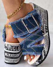 Load image into Gallery viewer, Women Shoes Summer Newspaper Buckled Denim Wedge Slippers Sandals
