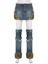 Load image into Gallery viewer, Y2K Style Distressed Denim Faux Fur Edged Mini Skirt With Matching Leg Warmer Long Socks Half Pants Outfit
