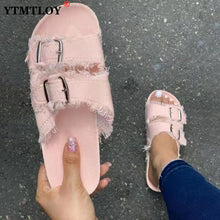 Load image into Gallery viewer, Summer European Style Casual Sandals Solid Color Canvas Buckle Belt Embellishment Denim Cork Soles Flat Slippers Women Slides Sandals Flip Flops
