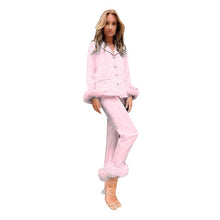 Load image into Gallery viewer, Feather Cuffed Two Piece Silky Loungewear 5 Colors Sizes S-XL
