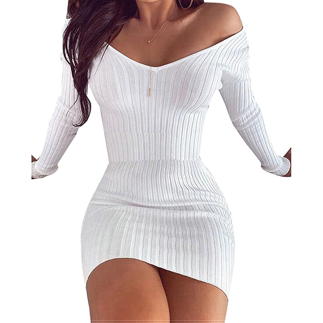 Off Shoulder V-Neck Slim Fit Pencil Dress Mini Dress Choice of 6 Color –  Shop All Things Incredible