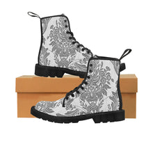 Load image into Gallery viewer, Womens Grey Damask Flower Canvas Boots, Sizes 6.5-11, Boho Chic, Combat Boots, Bohemian Boots, Ankle Boots, Casual Boots, Custom Boots
