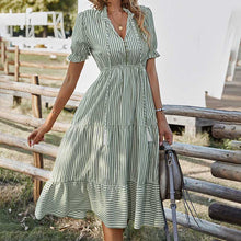 Load image into Gallery viewer, Striped High Waist V Neck Button Closure Summer Dress
